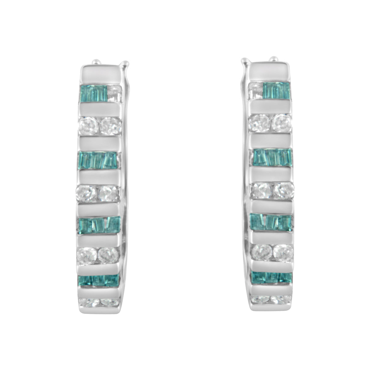 Pendientes de aro de oro blanco de 10k con diamantes redondos y baguette azules de 1/2 quilate (color I-J, claridad I2-I3)