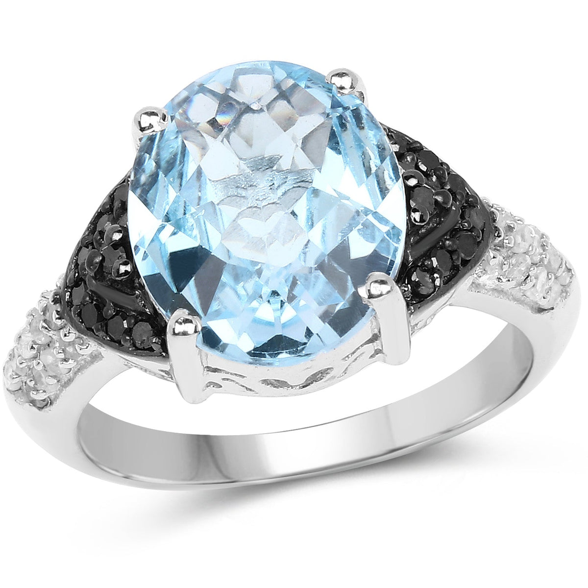 Anillo de Plata Fina .925 con Topacio Azul Suizo Genuino de 5.37 Quilates, Diamante Negro y Topacio Blanco