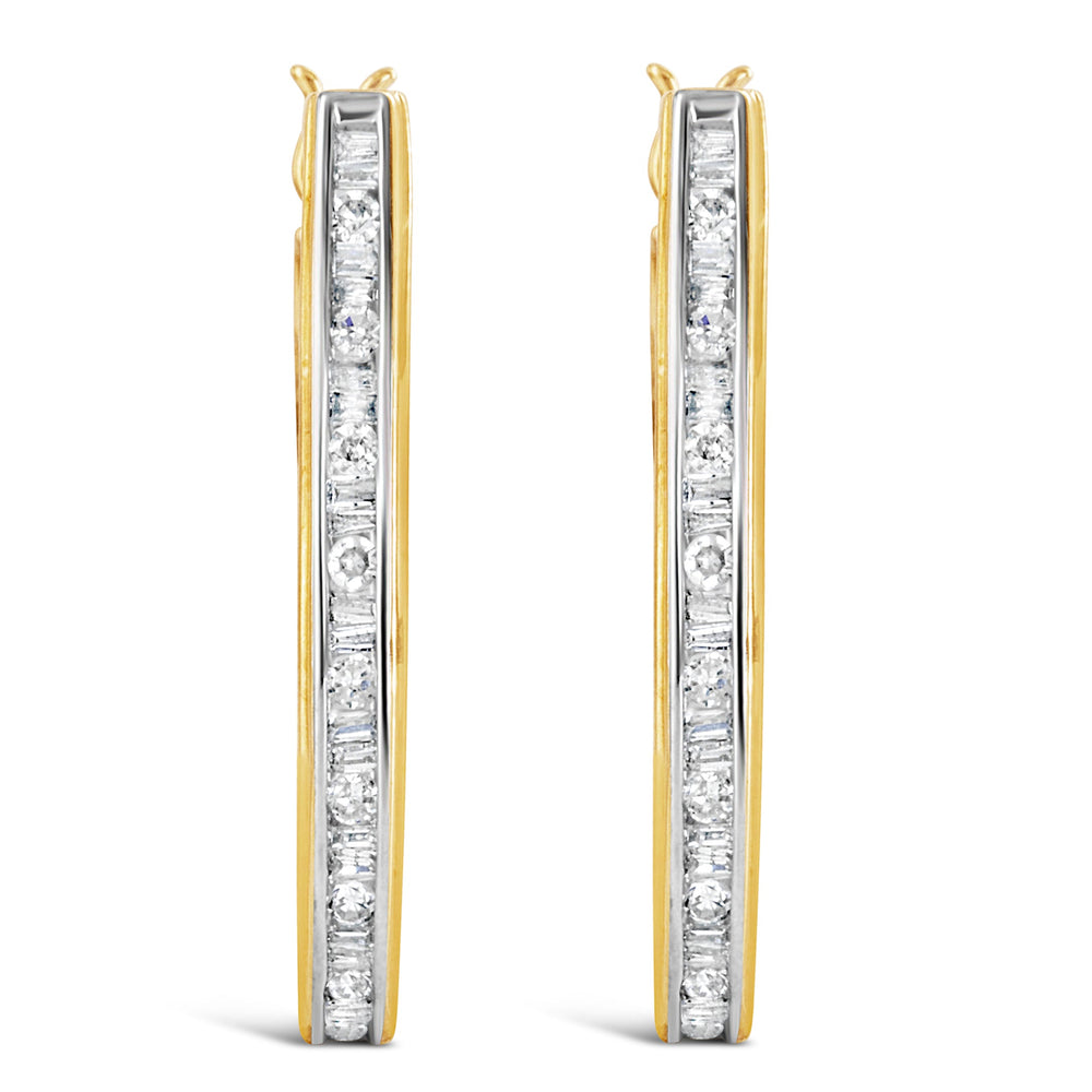 10K Yellow Gold 1.00 Cttw Round and Baguette-Cut Diamond U-Hoop Earrings (H-I Color, SI2-I1 Clarity)