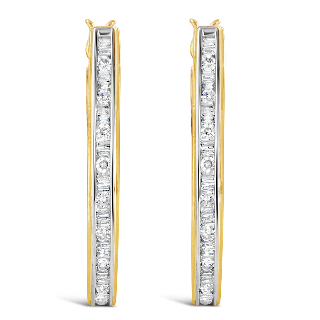 10K Yellow Gold 1.00 Cttw Round and Baguette-Cut Diamond U-Hoop Earrings (H-I Color, SI2-I1 Clarity)