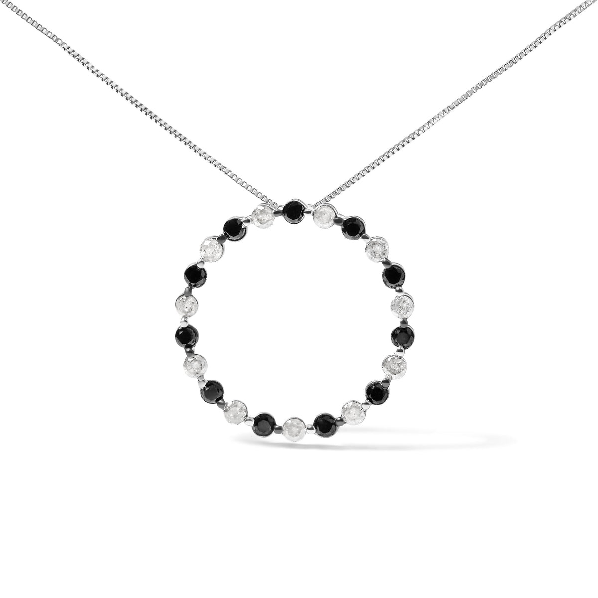 Collar con colgante de aro abierto de plata de ley .925 con diamantes blancos y negros alternados de 1 3/4 quilates (color H-I, claridad I2-I3) - 18 pulgadas