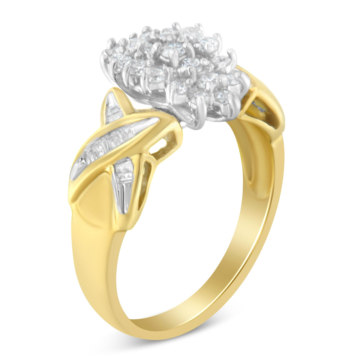 Anillo de oro amarillo de 10K con diamantes redondos y talla baguette (1/2 Cttw, color H-I, claridad I1-I2) - Talla 6