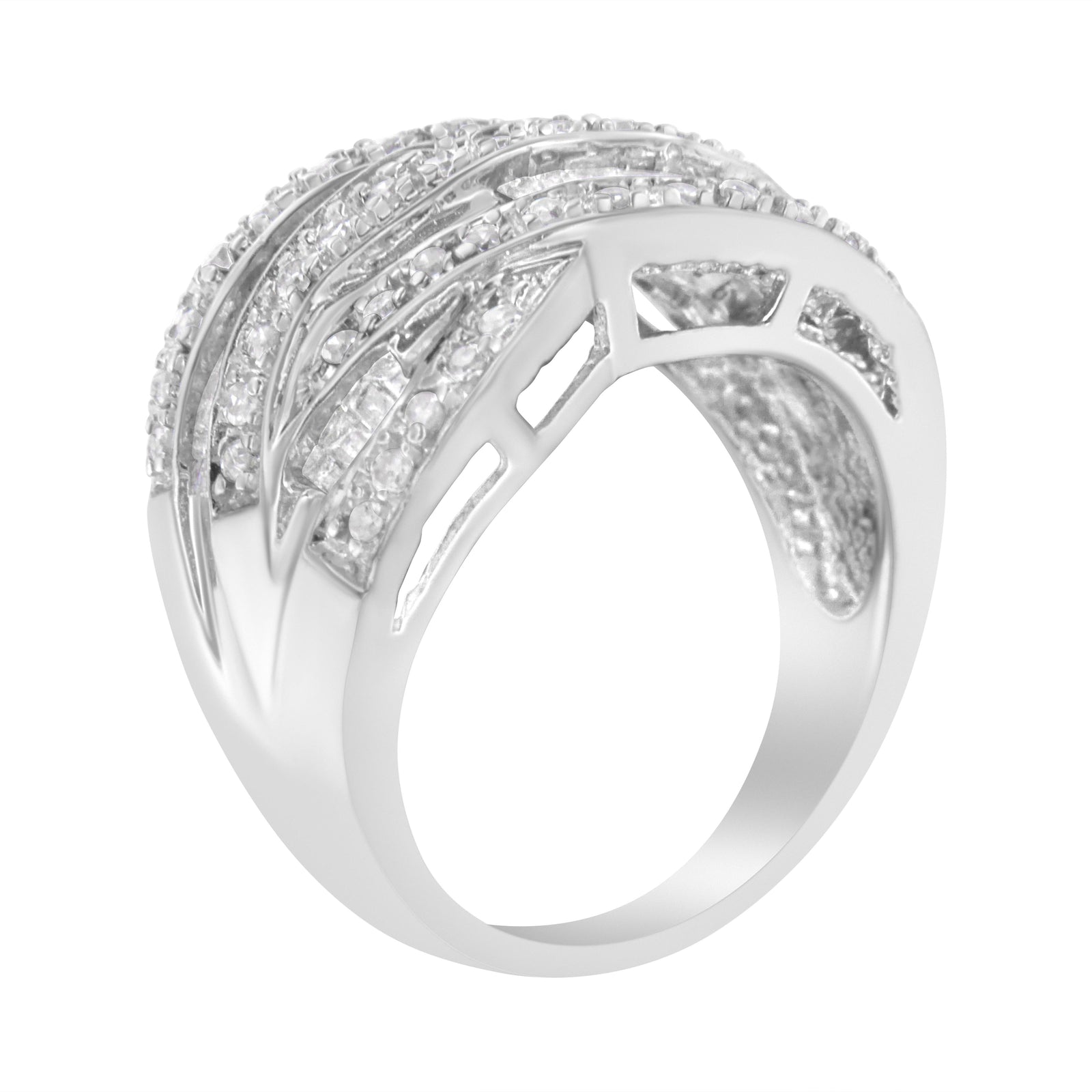 Anillo de plata de ley .925 de 1.0 Cttw con canal, diamantes redondos y baguette alternados, diseño cruzado (color I-J, claridad I2-I3) - Talla 7