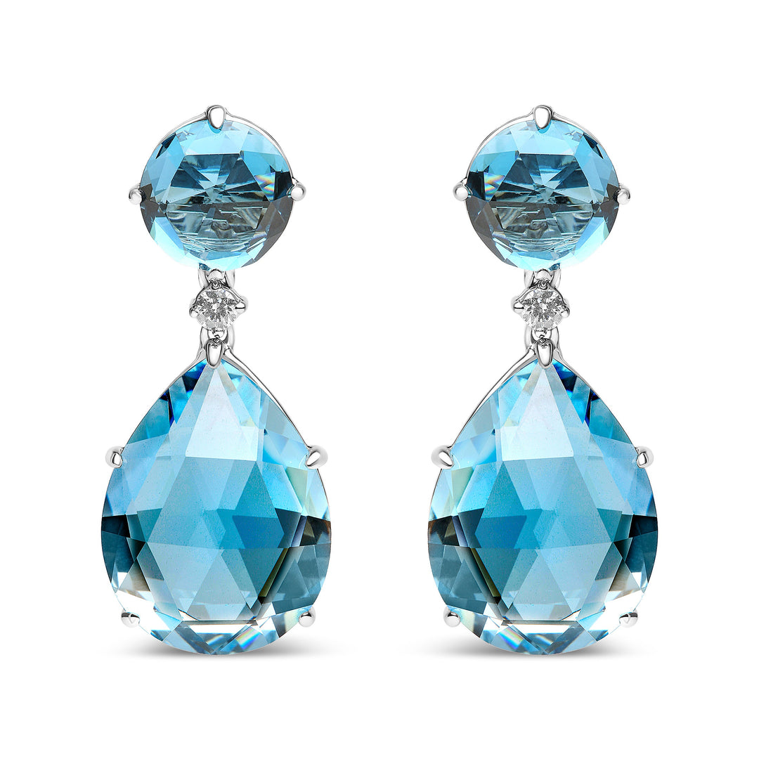 18K White Gold 1/5 Cttw Diamond with Round London Blue Topaz and 20 x 15mm Pear Cut Sky Blue Topaz Gemstone Dangle Earring (G-H Color, SI1-SI2 Clarity)