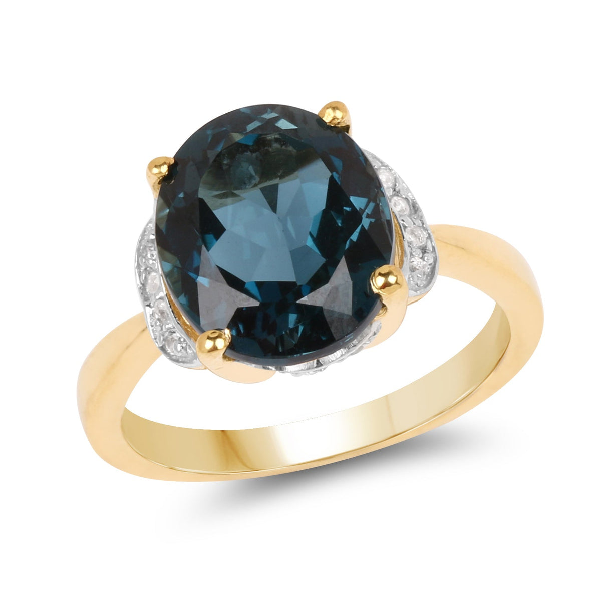 Anillo de plata de ley 925 con topacio azul de Londres genuino de 6,09 quilates y diamante blanco, chapado en oro amarillo de 14 quilates