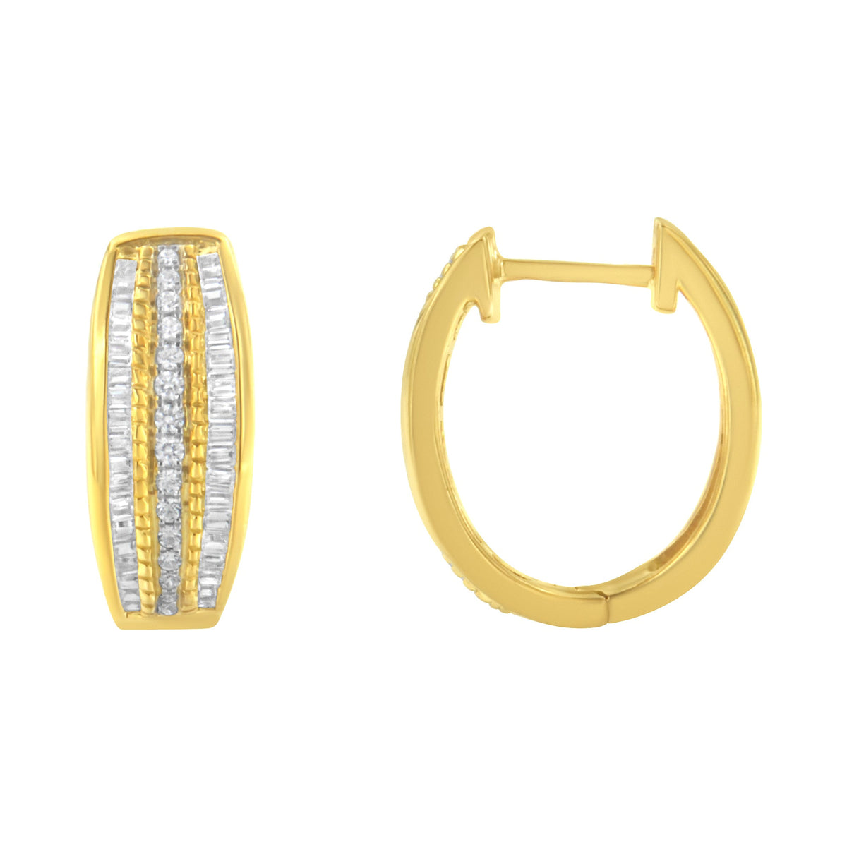 Pendientes de aro modernos de triple fila con diamantes engastados en pavé y canal de oro amarillo de 10K y 3/4 Cttw (color I-J, claridad I2-I3)
