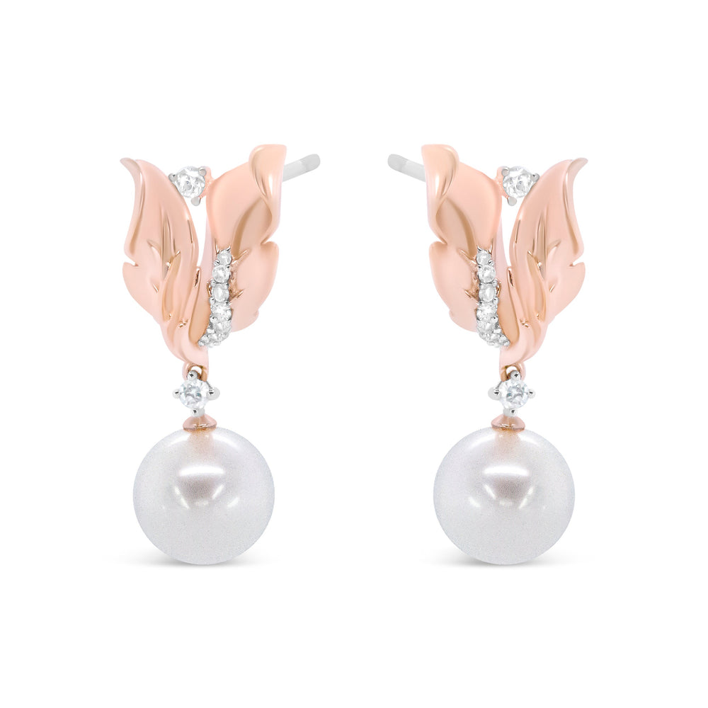 14K Rose Gold 1/6 Cttw Round Diamond and 8mm Round Pearl Floral Drop Stud Earrings (H-I Color, I1-I2 Clarity)