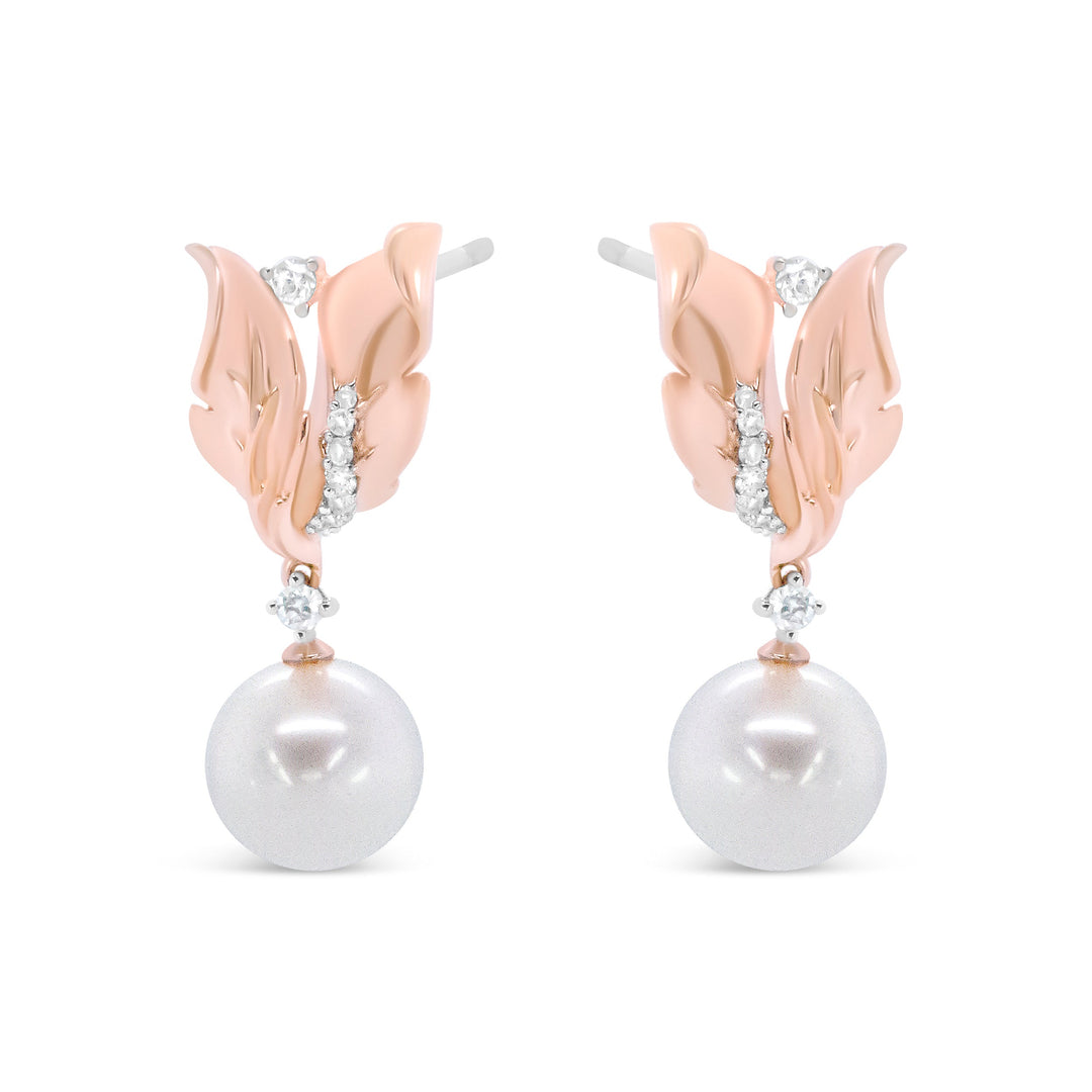 14K Rose Gold 1/6 Cttw Round Diamond and 8mm Round Pearl Floral Drop Stud Earrings (H-I Color, I1-I2 Clarity)