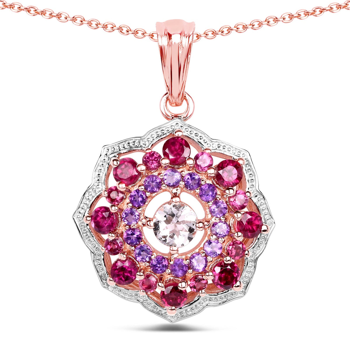 Colgante de plata de ley 925 con baño de oro rosa de 14 quilates, morganita, rodolita y amatista auténticas de 2,30 quilates