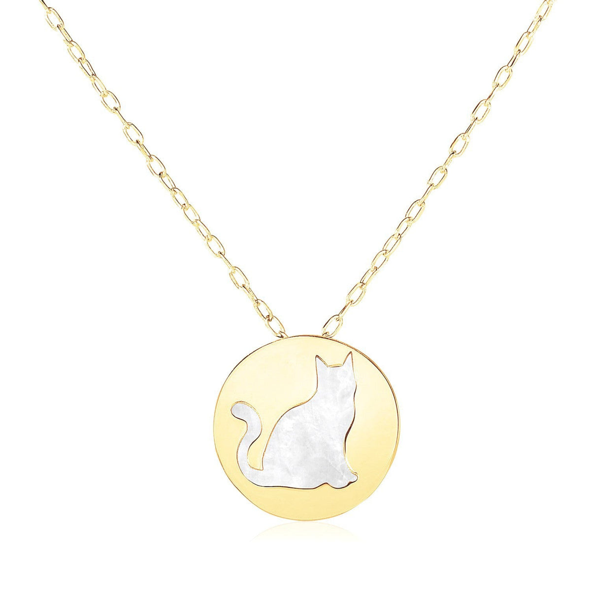 Collar de oro amarillo de 14k con símbolo de gato en nácar