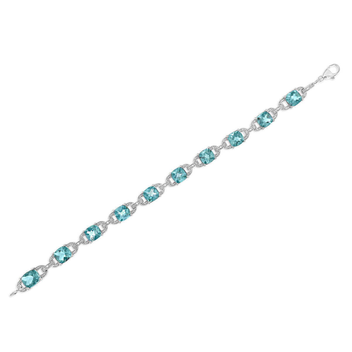 Pulsera de tenis de moda de plata de ley .925 con topacio azul de talla cojín de 7x7 mm y diamantes redondos de 1/20 quilates (Color I-J, Claridad I1-I2) - 7"