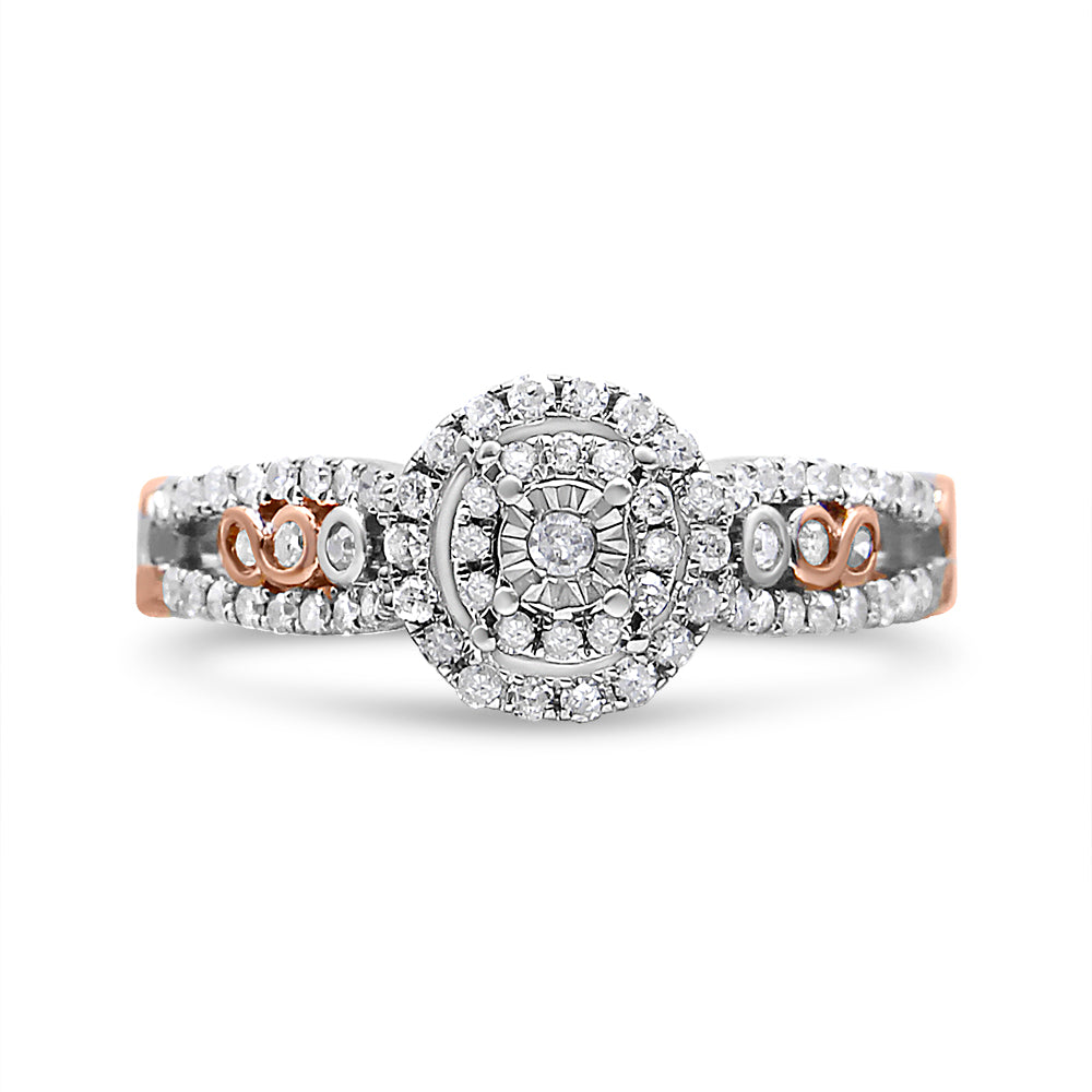14K Rose Gold Plated .925 Sterling Silver 3/8 Cttw Round Diamond Double Frame Cross-Over Split Shank Engagement Ring (I-J Color, I2-I3 Clarity) - Size 7