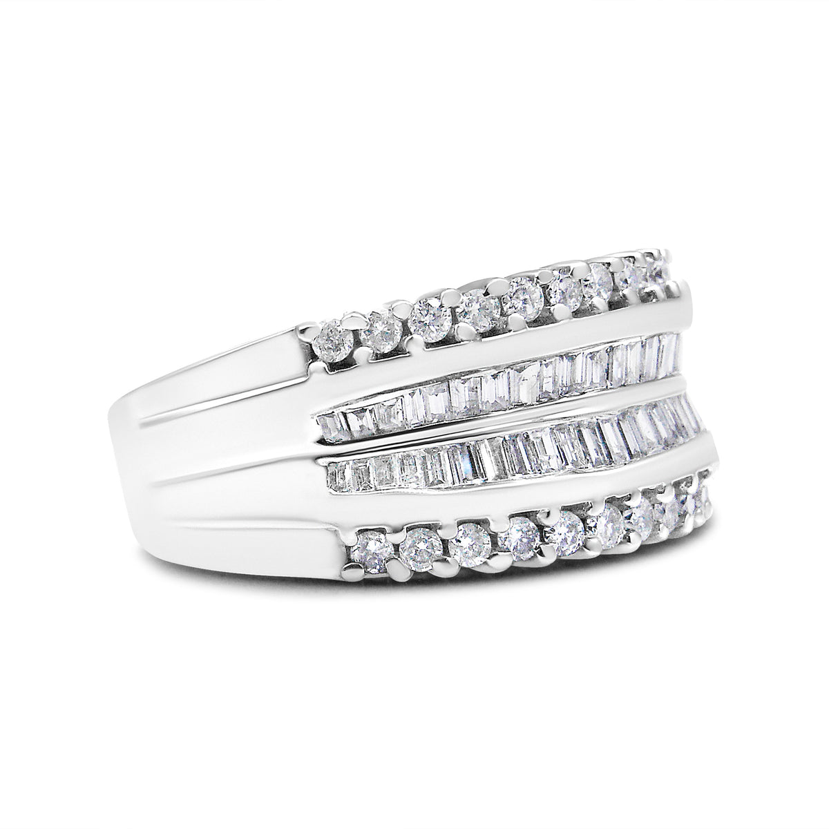 Anillo de banda moderno de oro blanco de 14 quilates con diamantes redondos y talla baguette de 1,00 quilates en total (color H-I, claridad SI2-I1) - Talla 7