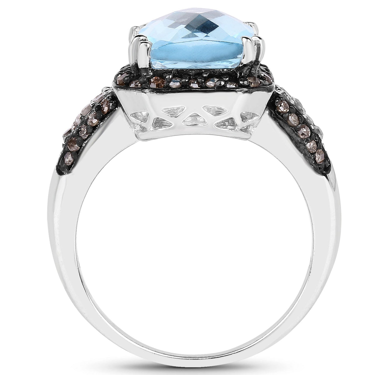 Anillo de plata de ley .925 con topacio azul suizo genuino de 4.33 quilates, diamante champán y diamante blanco