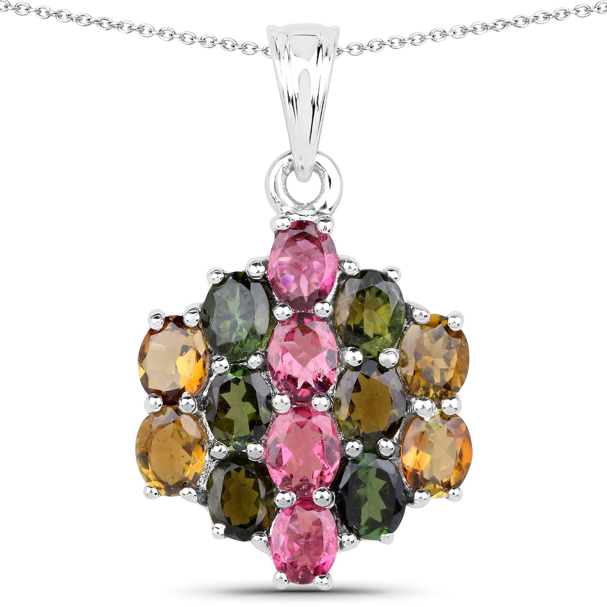 Colgante de plata de ley .925 con turmalina rosa, turmalina verde y turmalina marrón genuinas de 4.34 quilates