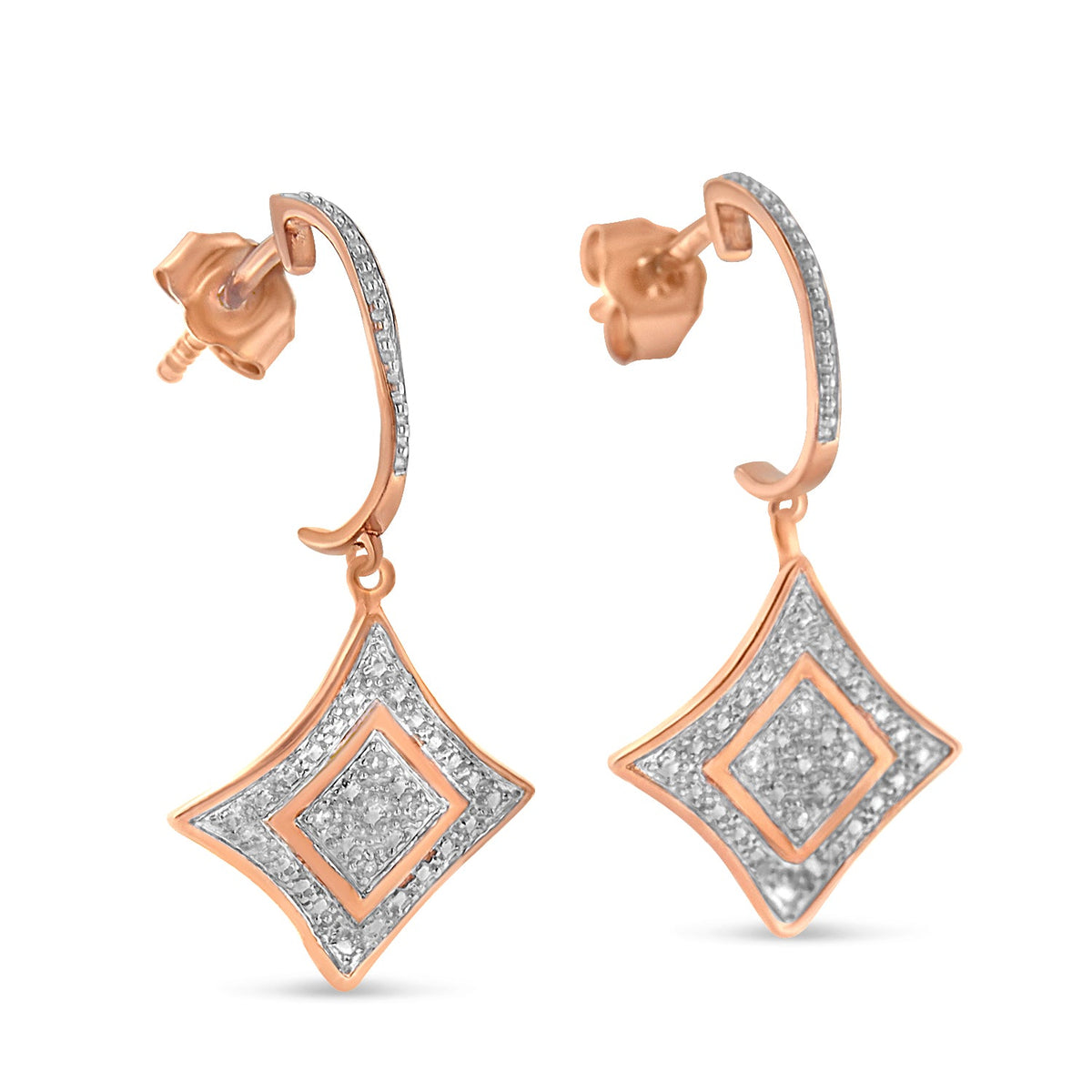 Aretes colgantes tipo cojín redondos de plata de ley chapados en oro rosa de 10K con diamante (0.04 quilates en total, color H-I, claridad I2-I3)