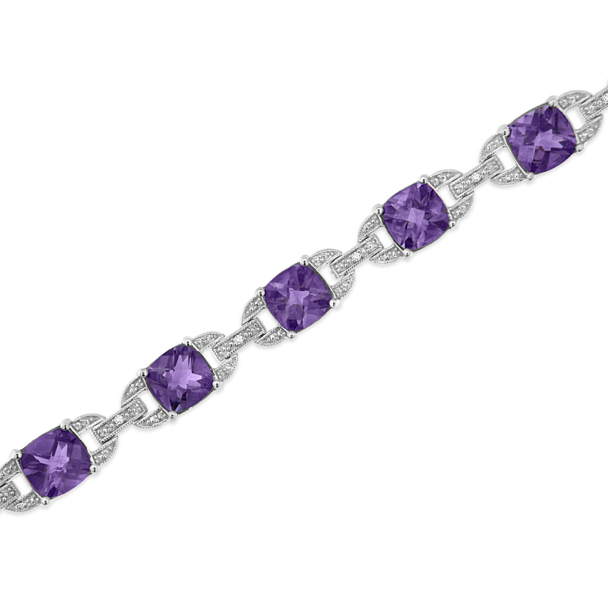 Браслет теннисный из стерлингового серебра 925 пробы с аметистом огранки «кушон» (7 мм) и бриллиантами (цвет I-J, чистота I1-I2), длина 7 дюймов