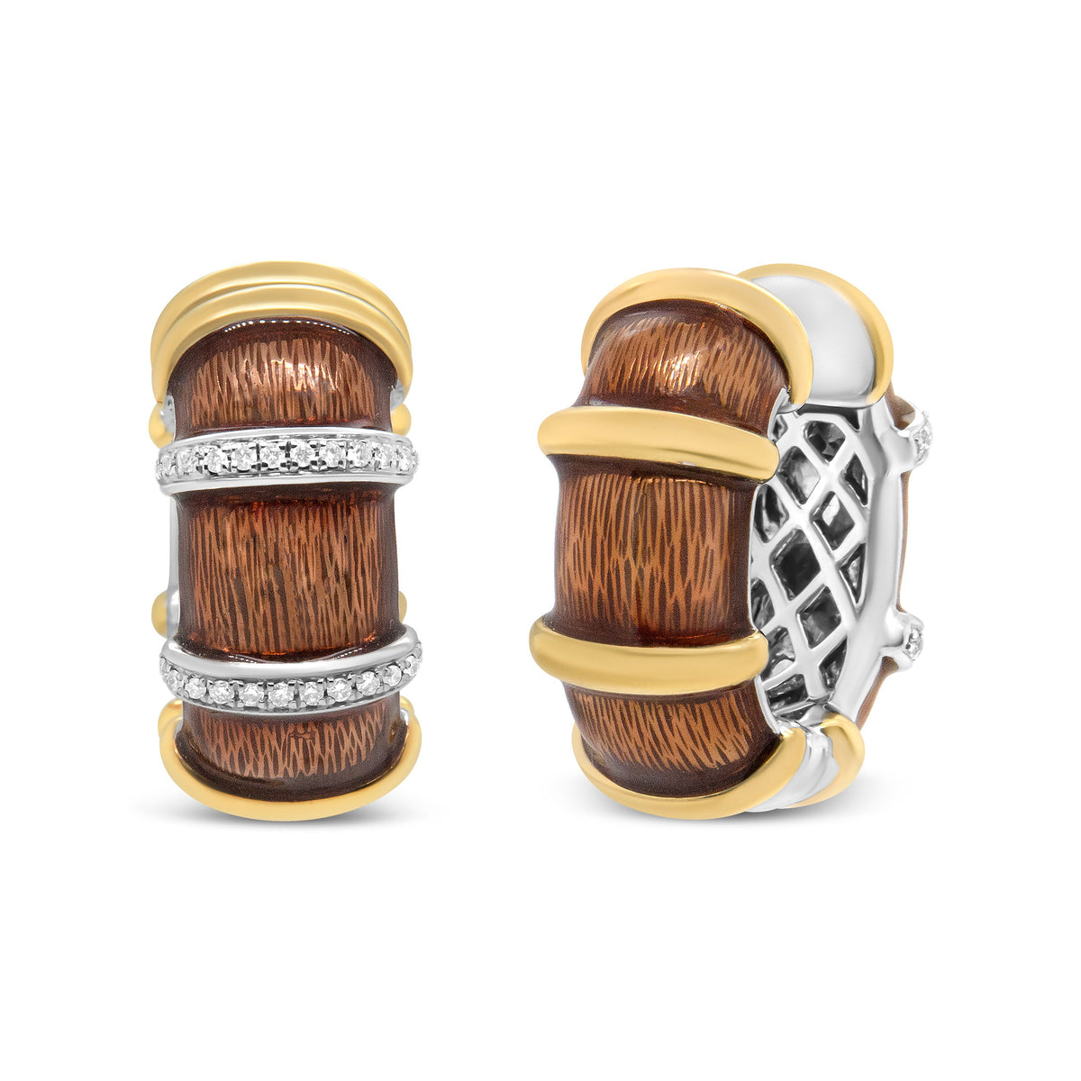 Pendientes de aro Huggie de plata de ley .925 con baño de oro amarillo y blanco de 18 quilates, esmalte marrón transparente y diamantes redondos de 9/10 Cttw (color F-G, claridad VS1-VS2)