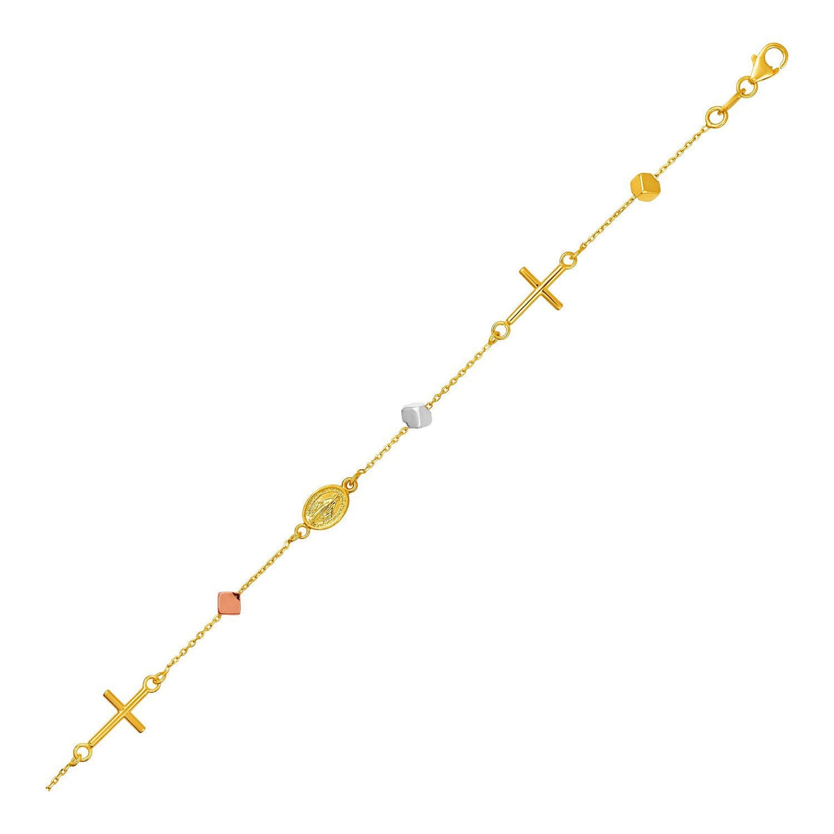 Pulsera de oro tricolor de 14k con cruces, cubos y medallones