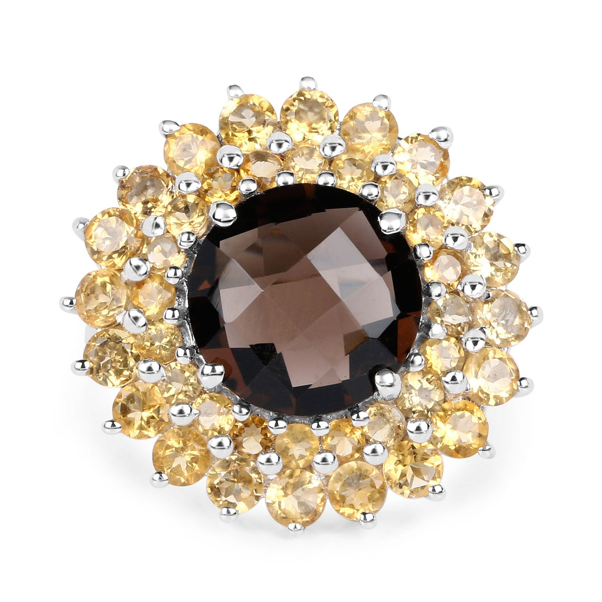 Anillo de cuarzo ahumado y citrino genuino de 8.56 quilates en plata de ley .925