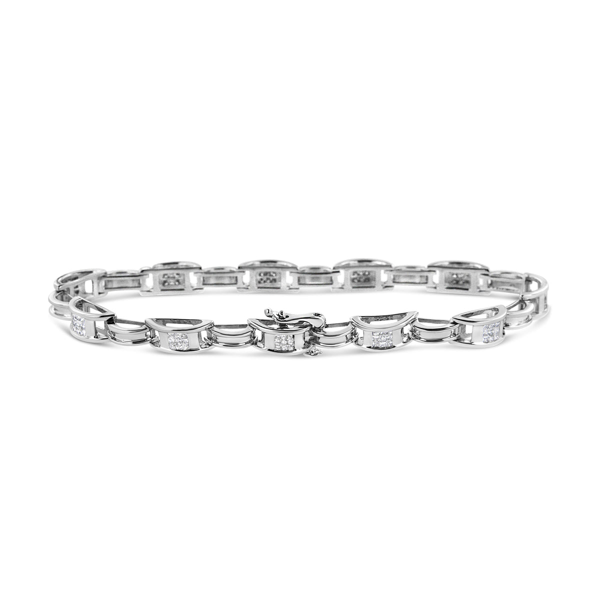 Pulsera de tenis de oro blanco de 14 quilates con diamantes princesa de 1,0 quilates engastados invisibles y eslabones alternos (color I-J, claridad I1-I2) - 7,25"
