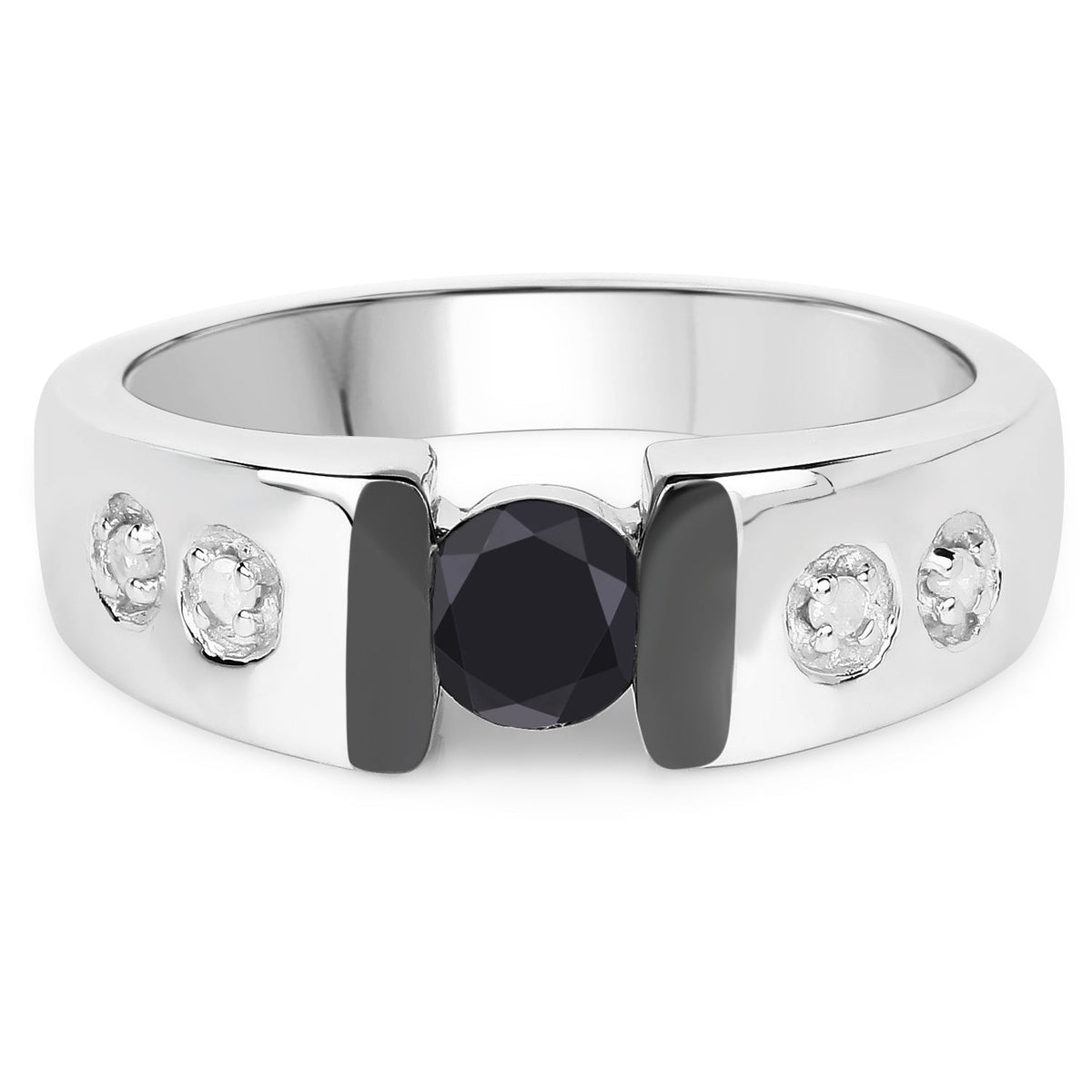 Anillo de Plata de ley .925 con Diamante Negro Genuino de 0.56 Quilates y Diamante Blanco