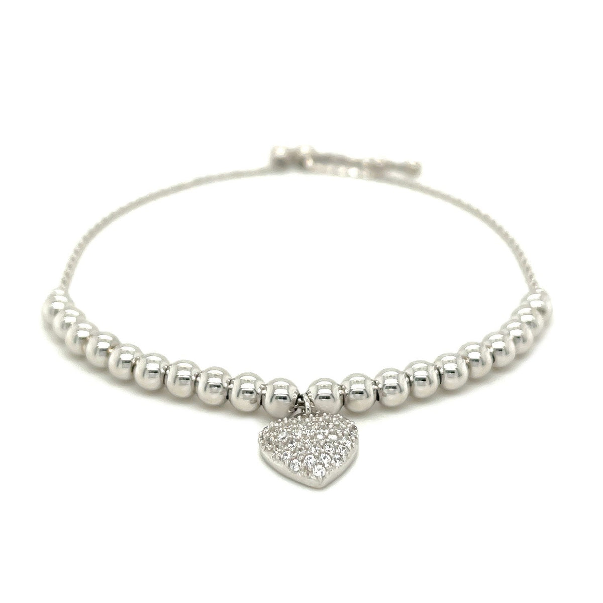 Pulsera de cuentas ajustable con dije redondo y circonitas cúbicas en plata de ley