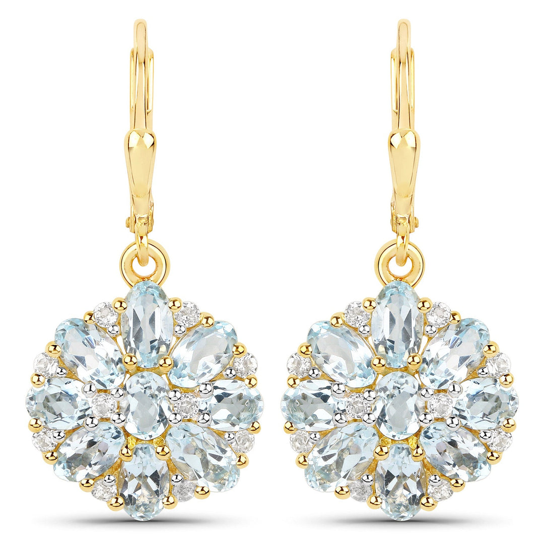 18K Yellow Gold Plated 4.58 Carat Genuine Blue Topaz and White Topaz .925 Sterling Silver Earrings