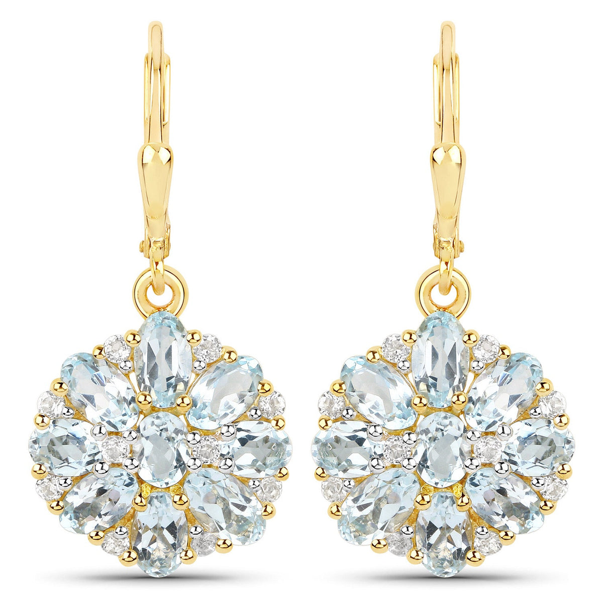 18K Yellow Gold Plated 4.58 Carat Genuine Blue Topaz and White Topaz .925 Sterling Silver Earrings