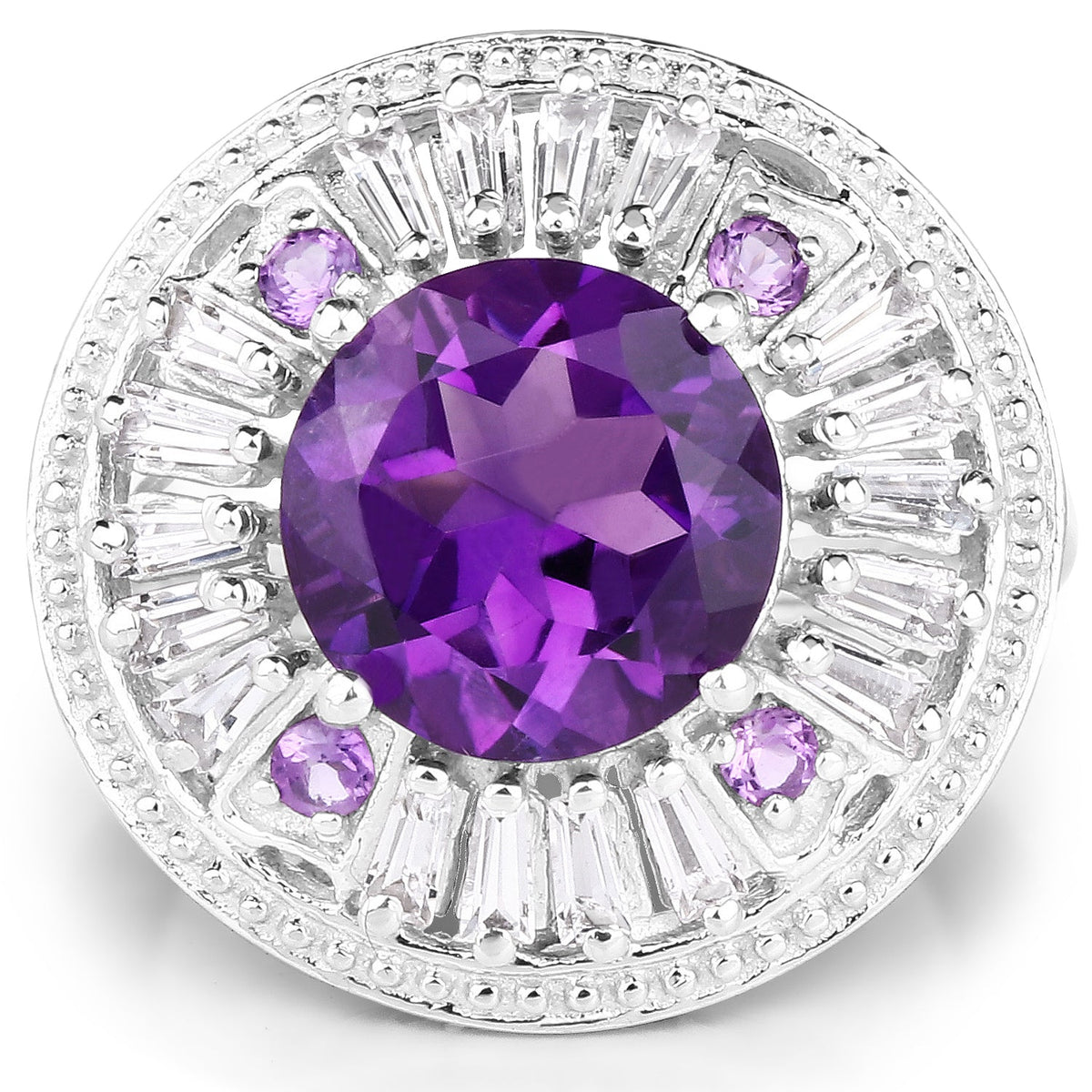 5.58 Carat Genuine Amethyst and White Topaz .925 Sterling Silver Ring