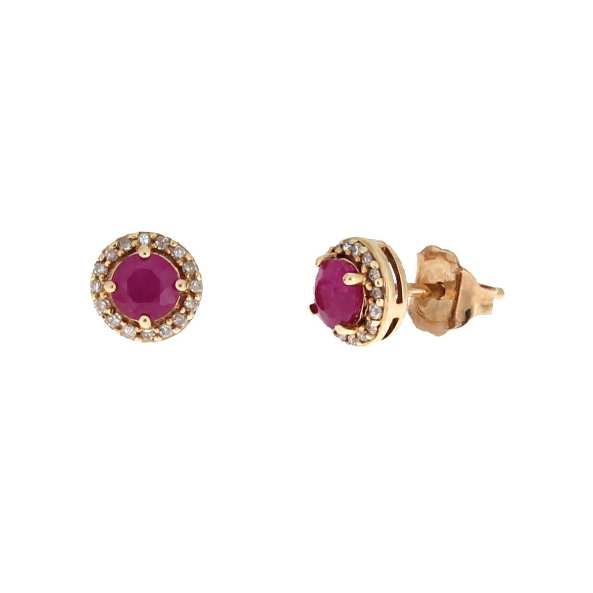 Auténticos pendientes de botón de rubí y diamante de 0,77 ct, oro rosa de 10 kt
