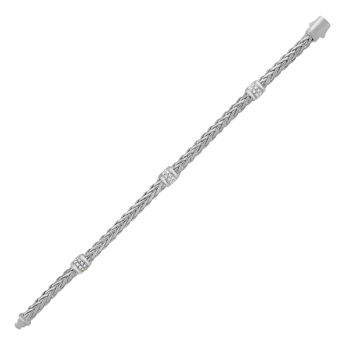 Pulsera de Cuerda Trenzada Pulida con Acentos de Diamantes en Oro Blanco de 14k