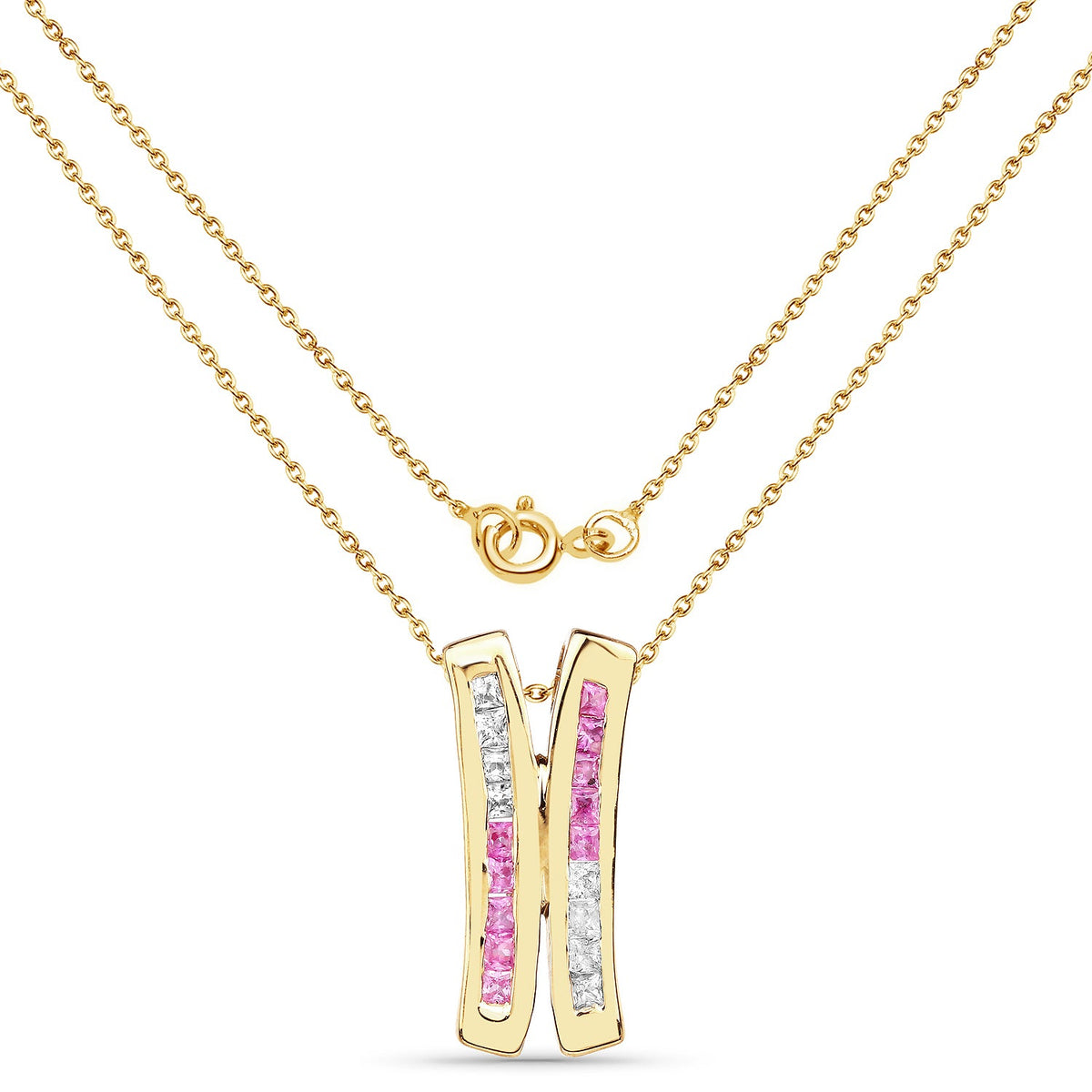 Colgante de plata de ley .925 con baño de oro amarillo de 14 quilates, zafiro rosa genuino de 1.08 quilates y zafiro blanco