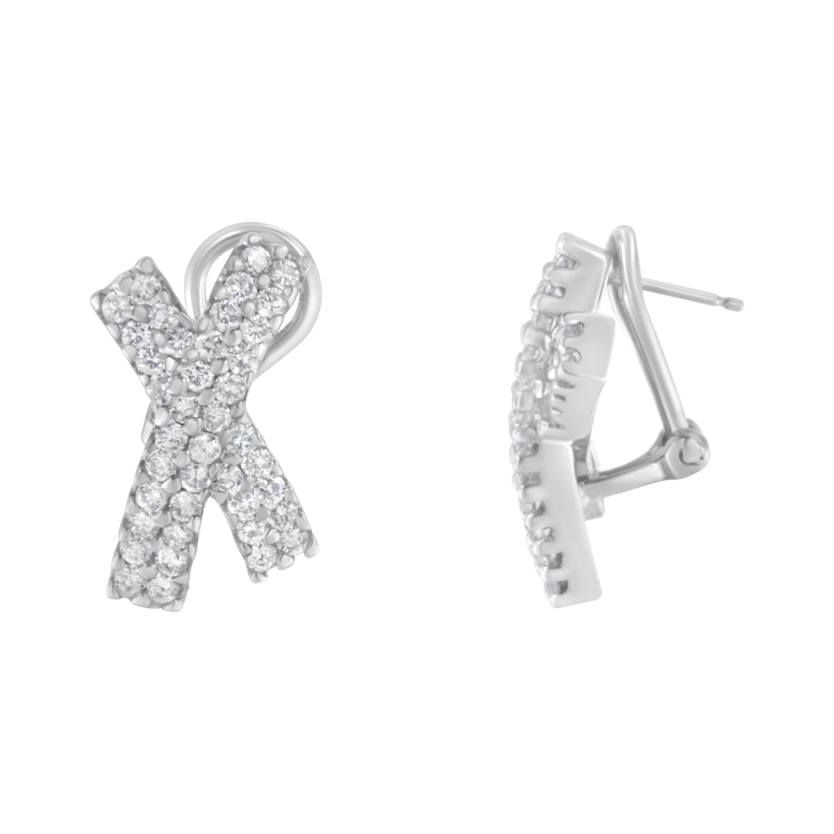 Pendientes de tuerca con respaldo omega con forma de X abovedada de oro blanco de 14 quilates con diamantes de talla brillante redonda de 2,0 quilates en total (color H-I, claridad I1-I2)