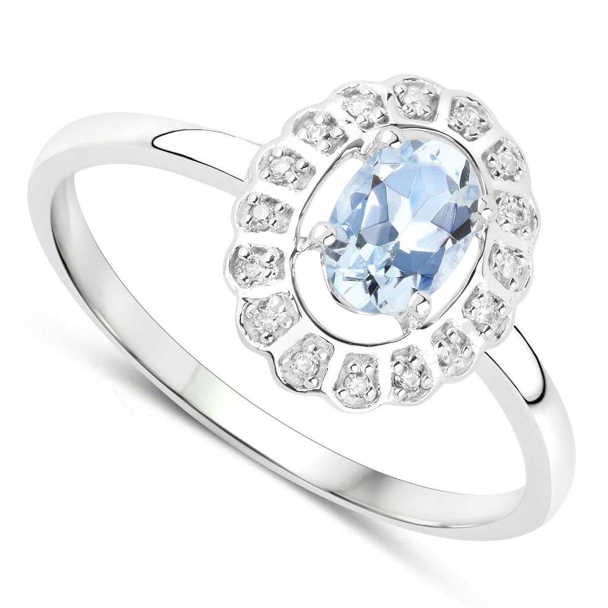 Anillo de oro blanco de 14 quilates con aguamarina auténtica de 0,44 quilates y diamantes blancos