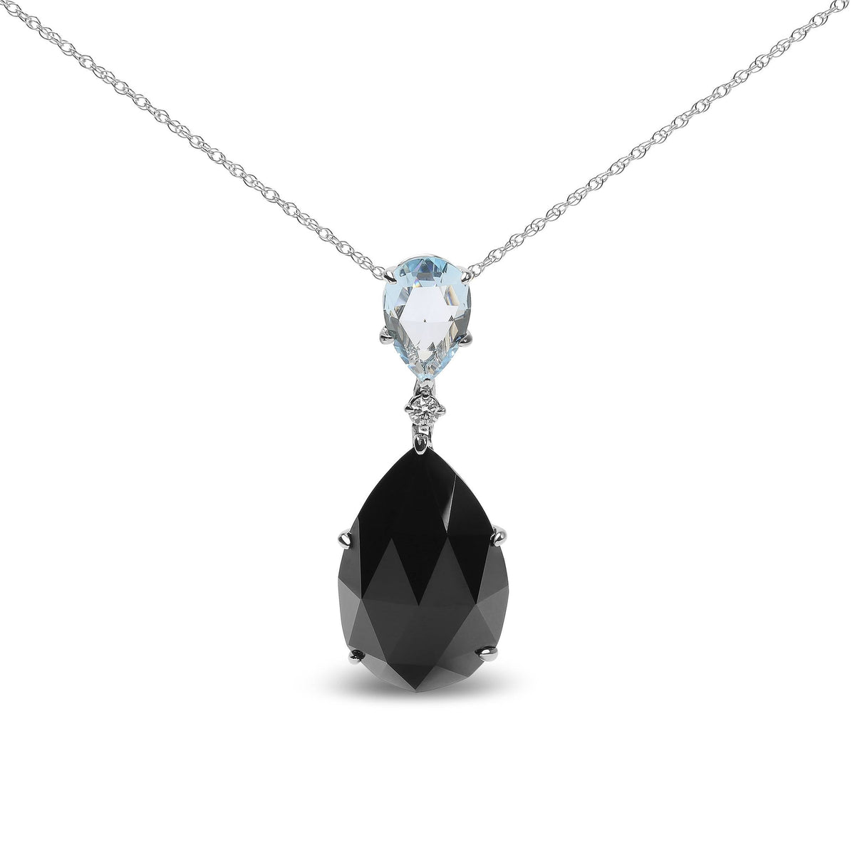 Collar con colgante de oro blanco de 18K con acentos de diamantes, topacio azul cielo talla pera y ónix negro talla pera, 45.72 cm (color G-H, claridad SI1-SI2)