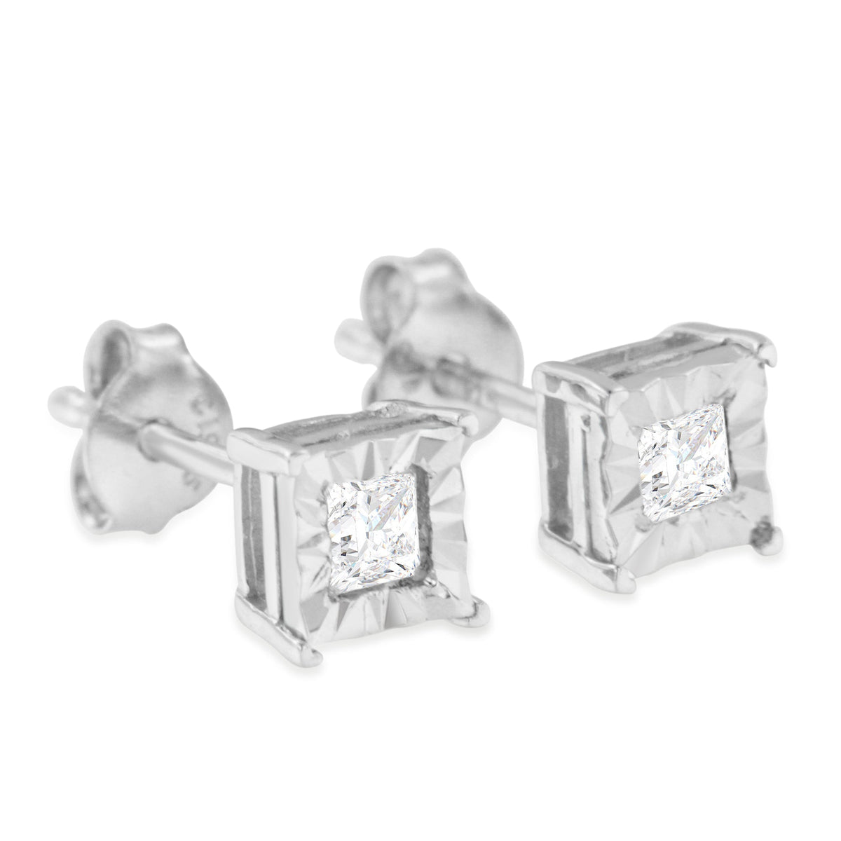 Pendientes de tuerca solitario con diamantes de talla princesa de 1/2 quilate, engaste milagro, plata de ley .925 (color I-J, claridad SI1-SI2)