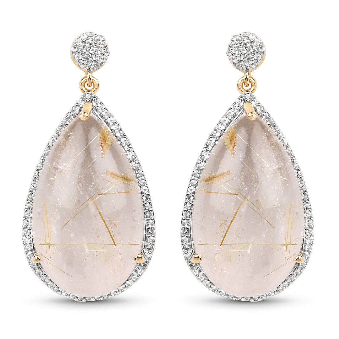 14K Yellow Gold Plated 35.15 Carat Genuine Golden Rutile and White Topaz .925 Sterling Silver Earrings