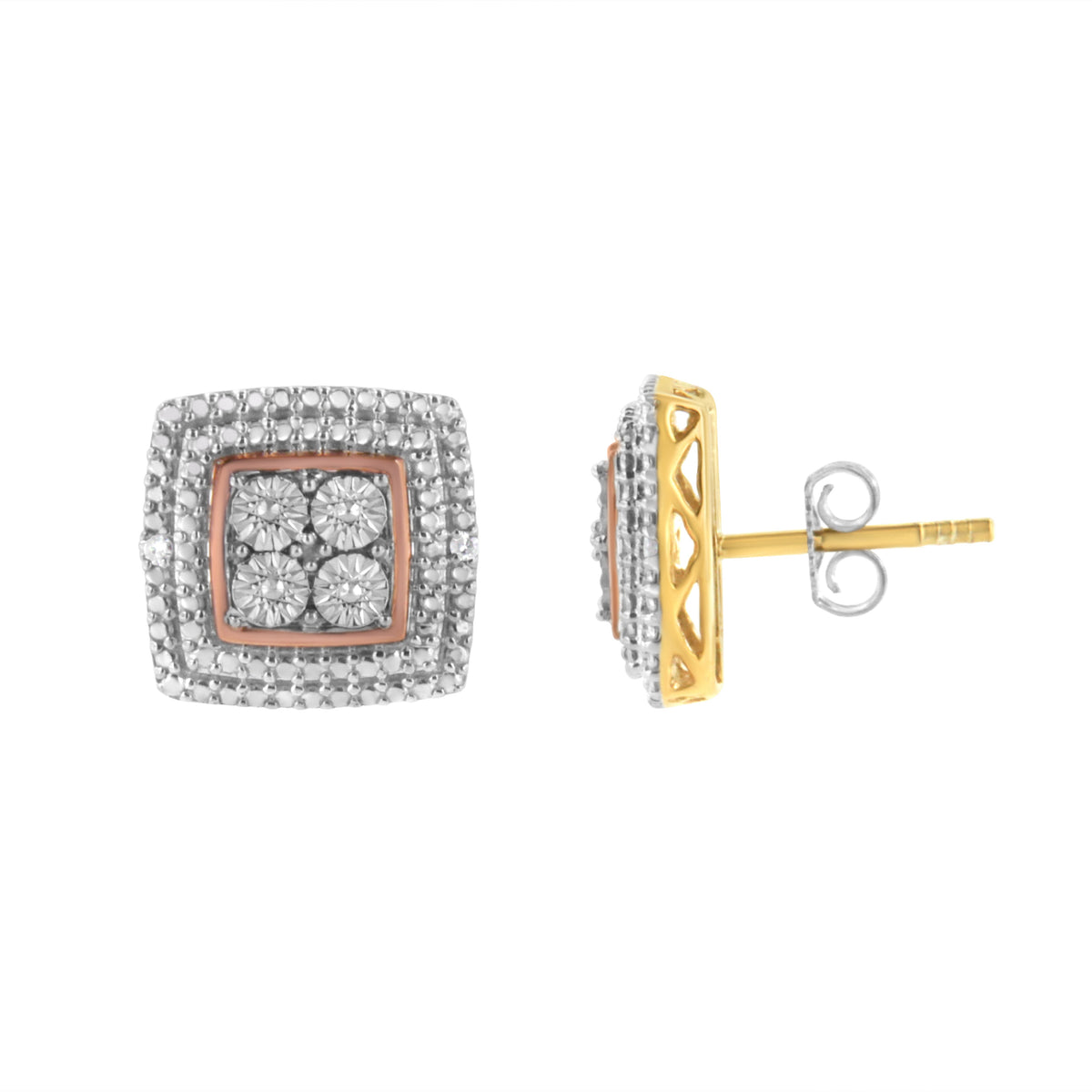 Pendientes de plata de ley bañados en oro amarillo, blanco y rosa de 10K con acentos de diamantes (Claridad I-J, Color I3)