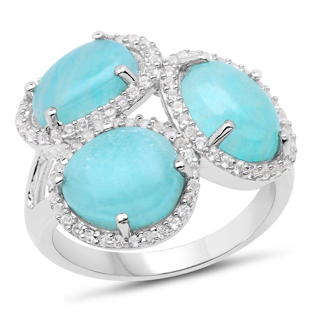 Anillo de Plata Fina .925 con Amazonita Genuina y Topacio Blanco de 5.30 Quilates