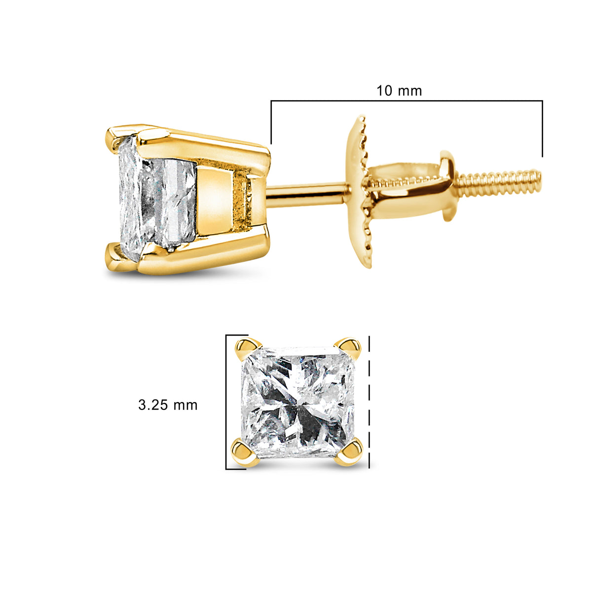 Pendientes de solitario con diamante de corte princesa de oro amarillo de 14K y 1/2 quilate con cierres de rosca (color I-J, claridad SI2-I1)
