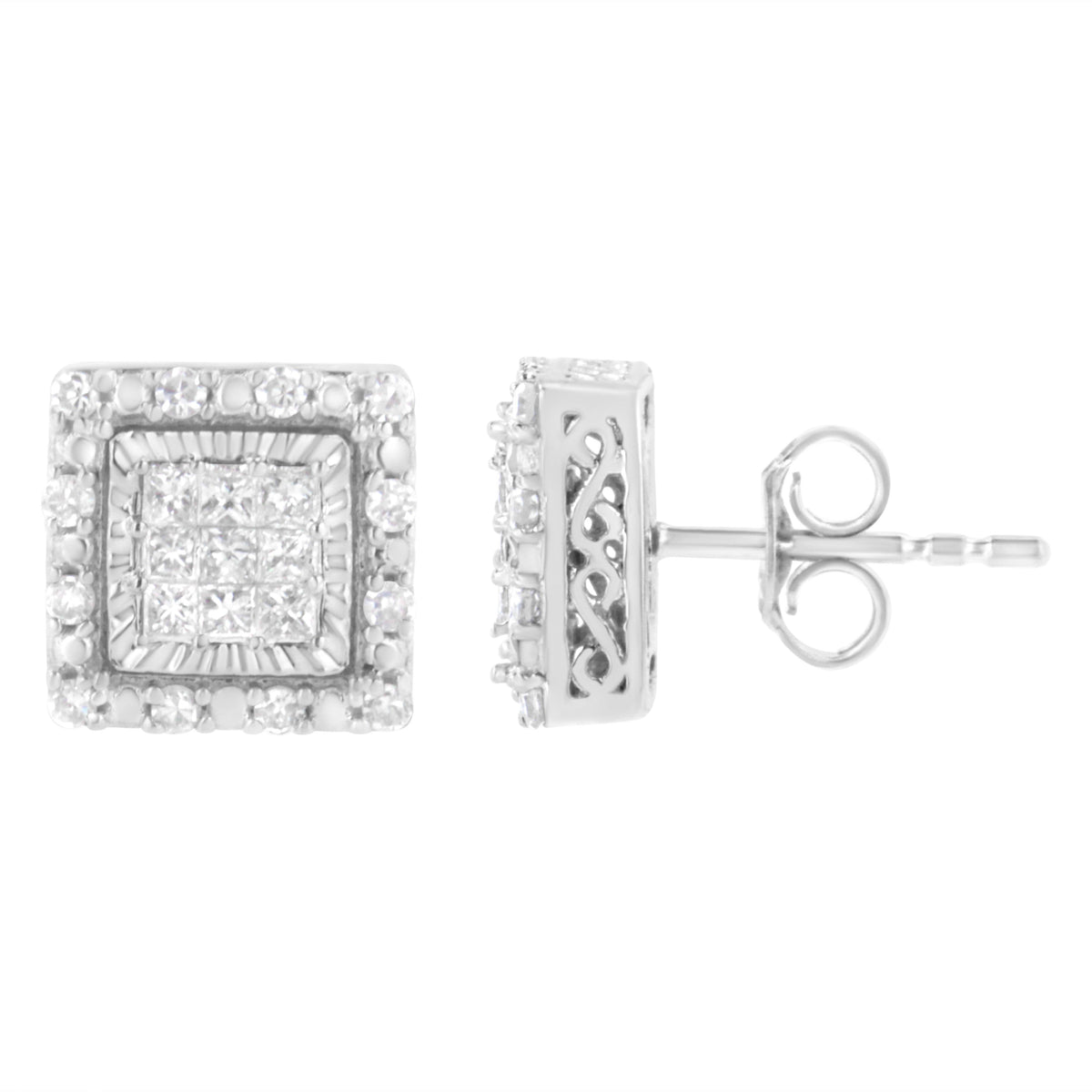Pendiente de tuerca cuadrado de oro blanco de 10K con 1/2 quilate total invisible engastado de diamantes talla princesa (color I-J, claridad I1-I2)