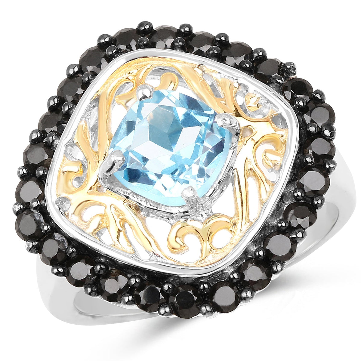 Anillo de plata esterlina .925 chapado en dos tonos con topacio azul suizo auténtico de 2.85 quilates y espinela negra