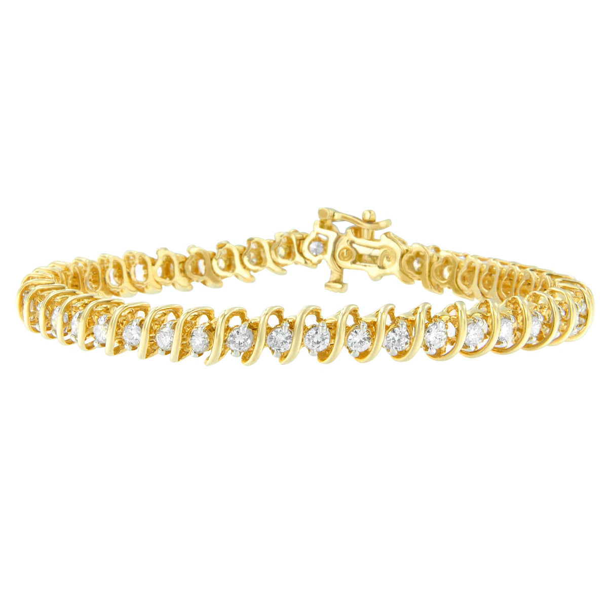 Pulsera de eslabones en espiral con diamantes de talla redonda de oro amarillo de 14 quilates (3.00 cttw, color H-I, claridad SI2-I1)