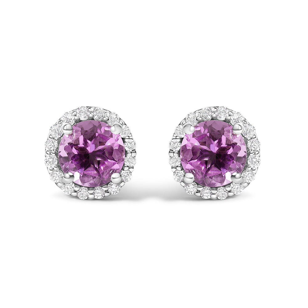 Juego de Joyas de Oro Blanco de 10K con Amatista Morada y Diamantes de 3/8 Cttw en Halo (Pendientes, Colgante y Anillo)