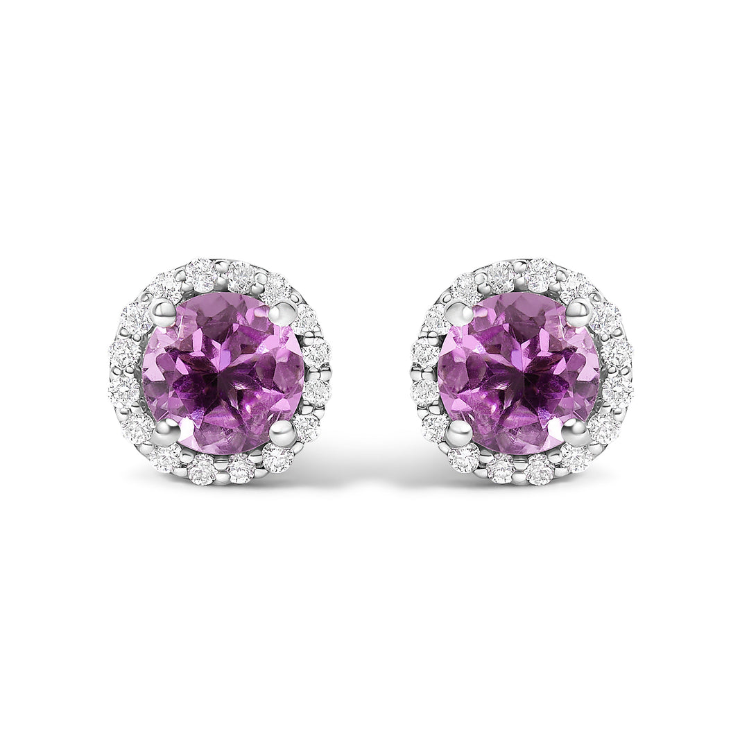 Juego de Joyas de Oro Blanco de 10K con Amatista Morada y Diamantes de 3/8 Cttw en Halo (Pendientes, Colgante y Anillo)