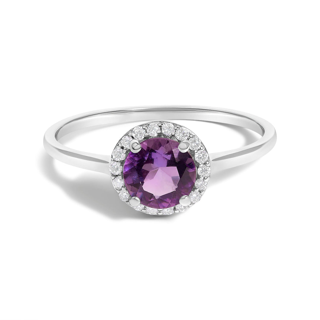 Juego de Joyas de Oro Blanco de 10K con Amatista Morada y Diamantes de 3/8 Cttw en Halo (Pendientes, Colgante y Anillo)