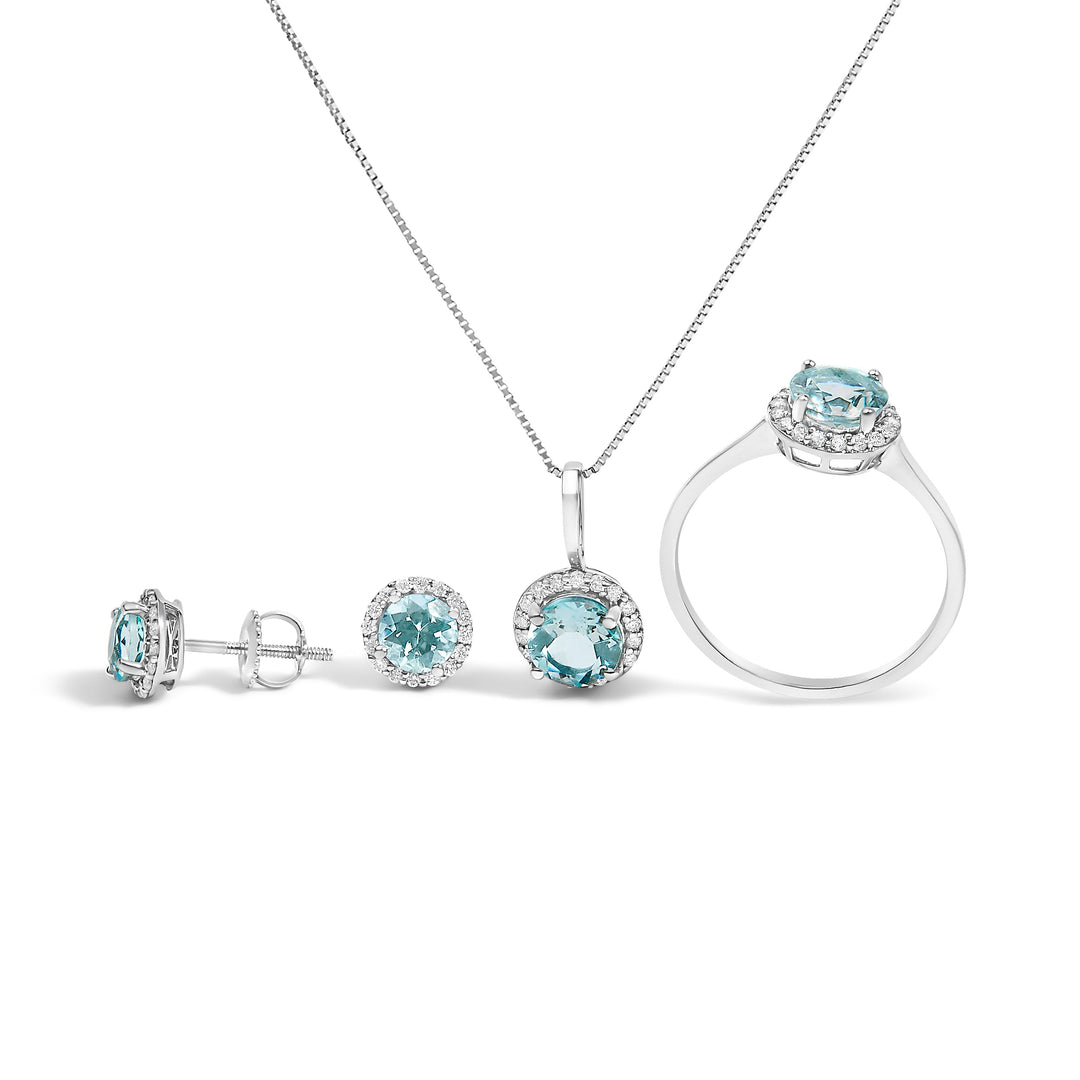 Juego de Joyas de Oro Blanco de 10K con Amatista Morada y Diamantes de 3/8 Cttw en Halo (Pendientes, Colgante y Anillo)