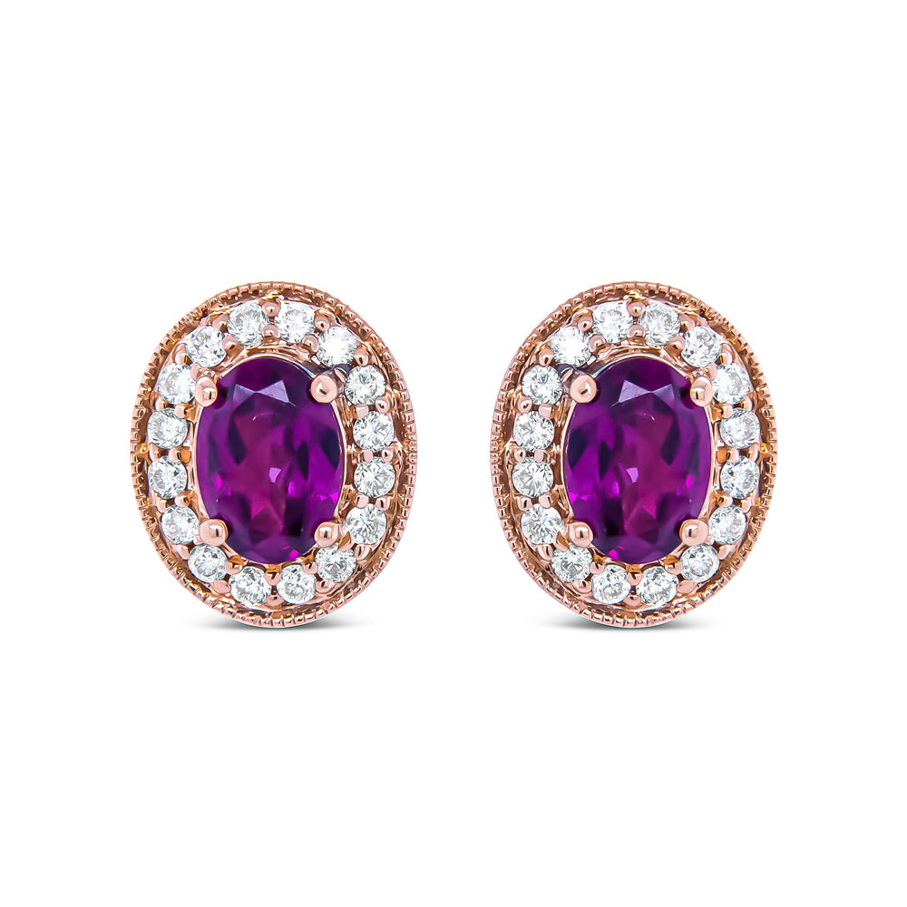 14K Rose Gold 7x5mm Oval Cut Garnet and 3/8 Cttw Round Diamond Halo Stud Earrings (G-H Color, SI1-SI2 Clarity)