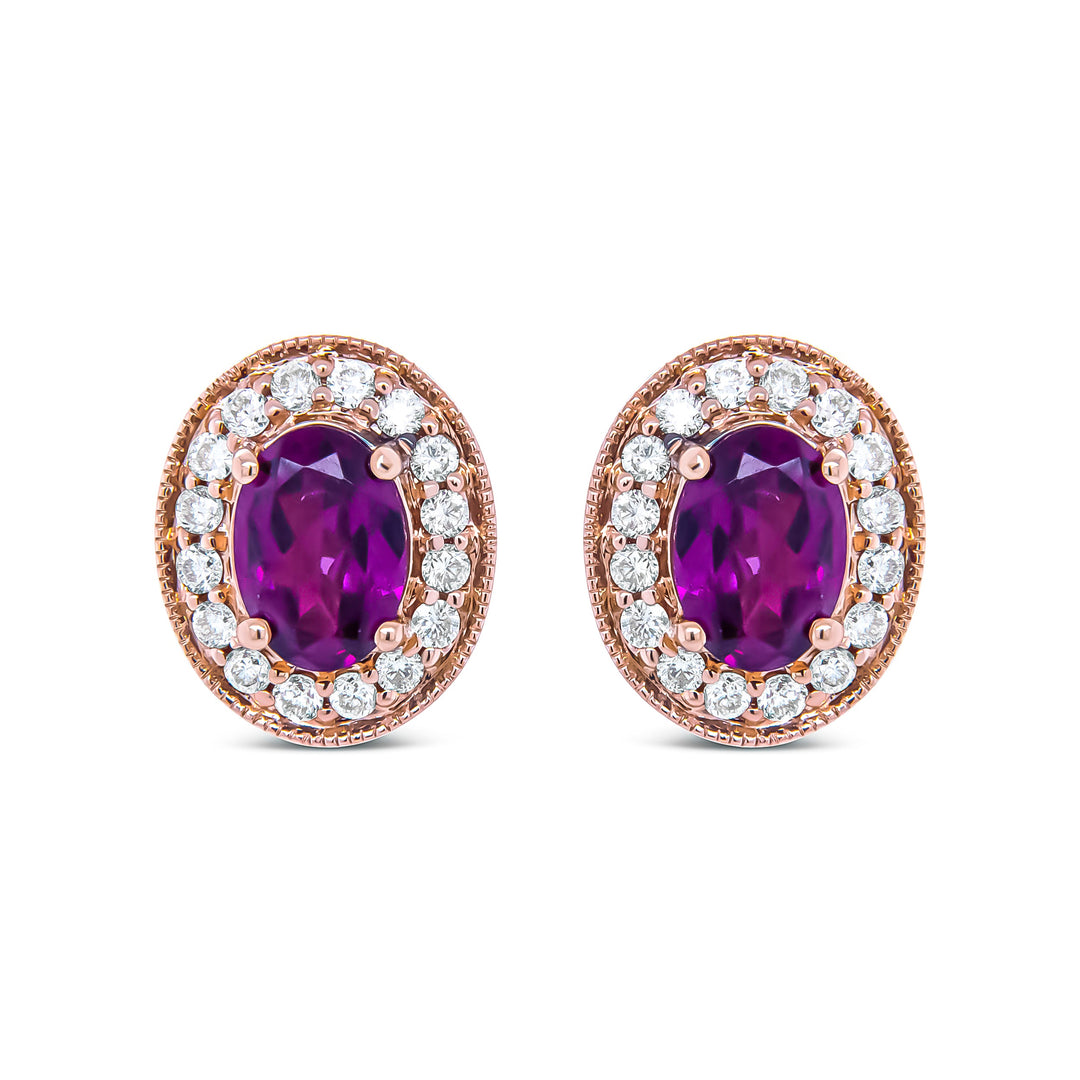 14K Rose Gold 7x5mm Oval Cut Garnet and 3/8 Cttw Round Diamond Halo Stud Earrings (G-H Color, SI1-SI2 Clarity)